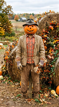 Halloween scarecrow with pumpkin head in autumn pumpkin patch farm scene