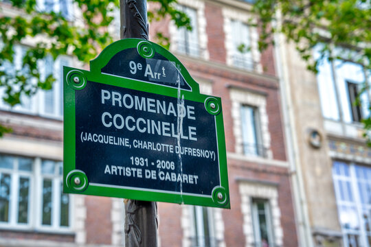 Coccinelle promenade road sign in Pigalle Paris urban street detail