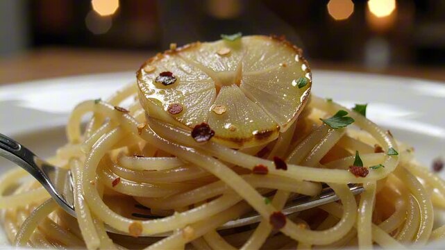 Spaghetti aglio e olio twisted on a fork, coated in olive oil with a translucent golden garlic slice, chili flakes, and parsley specks.