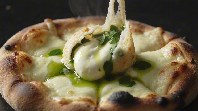 Torn burrata cheese on hot pesto pizza revealing creamy stracciatella filling, with green basil oil pooling around melted mozzarella and fresh herbs.