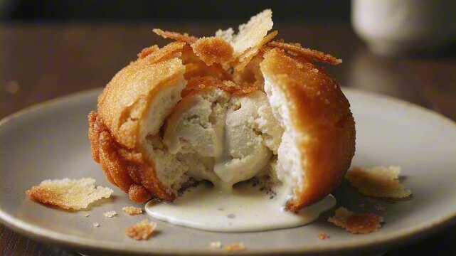 Cut open fried ice cream showing a frozen center inside a crispy golden shell, with delicate flakes and melted cream pooling on the plate.