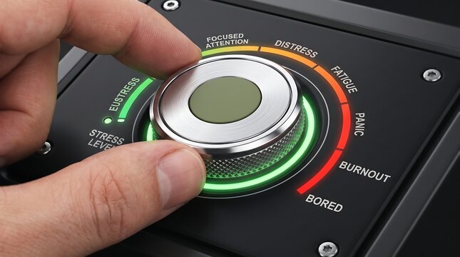 Person turning a metal dial to control stress levels for mental health awareness and productivity website.