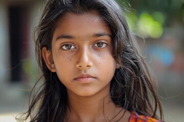 Obraz premium Close up portrait of a serious young girl with long dark hair, conveying a sense of contemplation or concern