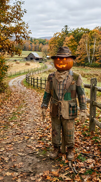 Halloween scarecrow in autumn field spooky fall decor and rural landscape