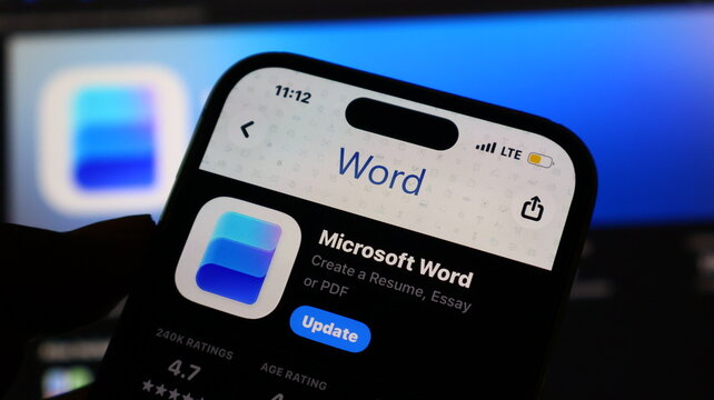 Smartphone displaying word processing app on home screen with digital icons in background