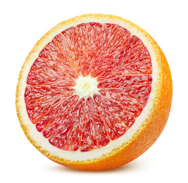 Blood orange half isolated on white background. Ripe organic red citrus cut with clipping path