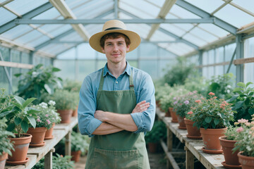 Obraz premium Portrait of young adult Caucasian man standing with crossed arms in greenhouse, working as gardener among potted plants. Ideal for horticulture business, small farm marketing