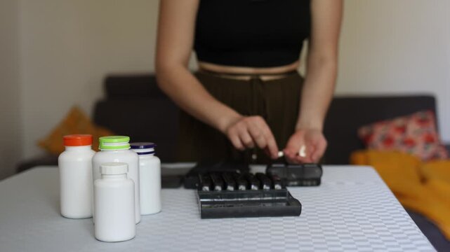 Complex health routines lead to confusion as person handles multiple pills and organizes them into container highlighting risk of mistakes memory overload and dependence on structured medication habit