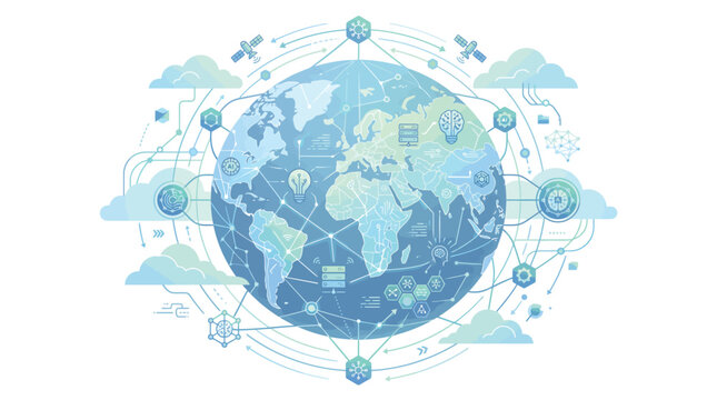 Global technology network illustration connecting data artificial intelligence cloud computing and digital communication worldwide for modern business solutions
