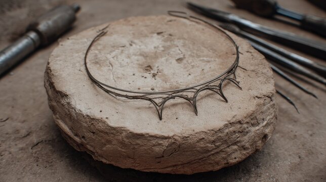 Focused shot of intricate finishing bends on an orthodontic archwire placed on a plaster mold with the wire bending bench tools faded into the background.