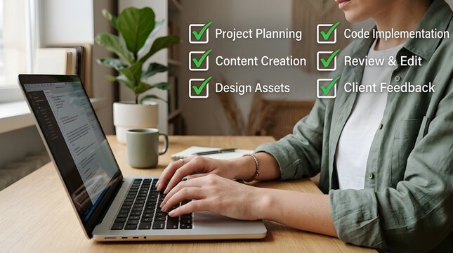 Software developer working on laptop with project checklist and code display