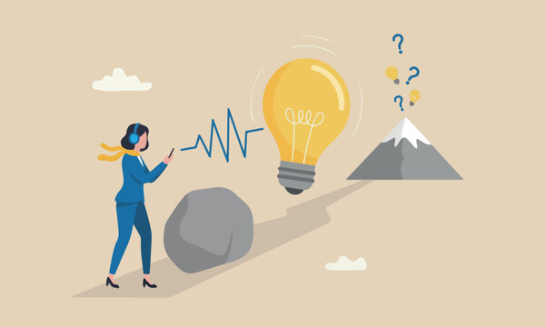 Motivation podcast idea for self improvement and career development, success story concept, inspired woman using headphone to listen to big lightbulb idea podcast microphone