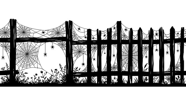 Silhouette of a wooden fence with spider webs and insects