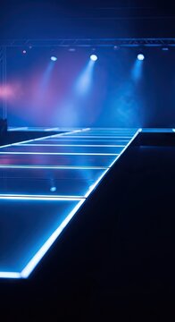 Blue LED runway stage with bright overhead spotlights.