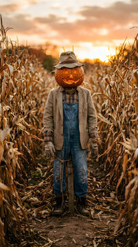 Halloween scarecrow in cornfield at sunset autumn harvest decoration and spooky fall scene