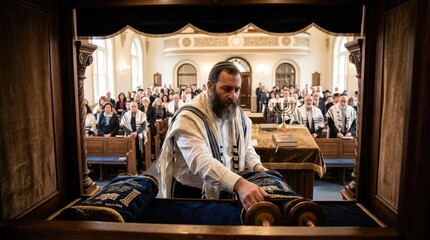 Obraz premium Spiritual leader teach: holy commandment, divine scripture, Torah scroll, synagogue interior, worship service, faithful community, religious observance, sacred tradition.