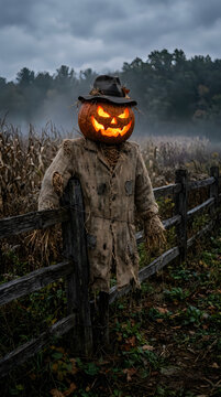 Spooky halloween scarecrow with jack o' lantern head in misty autumn field