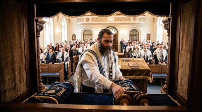 Spiritual leader teach: holy commandment, divine scripture, Torah scroll, synagogue interior, worship service, faithful community, religious observance, sacred tradition.