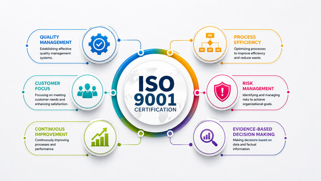 Iso 9001 certification principles infographic presentation template with six colorful options.