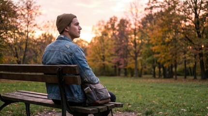 Fototapeta premium Man sitting on park bench in autumn.