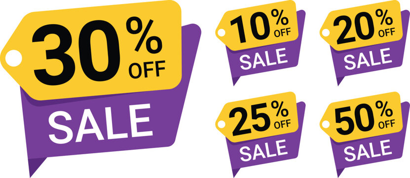 Discount sale tags with percentages off, sale badge vector illustration set