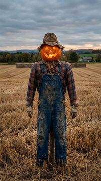 Halloween scarecrow with jack o' lantern head in autumn field spooky fall decoration