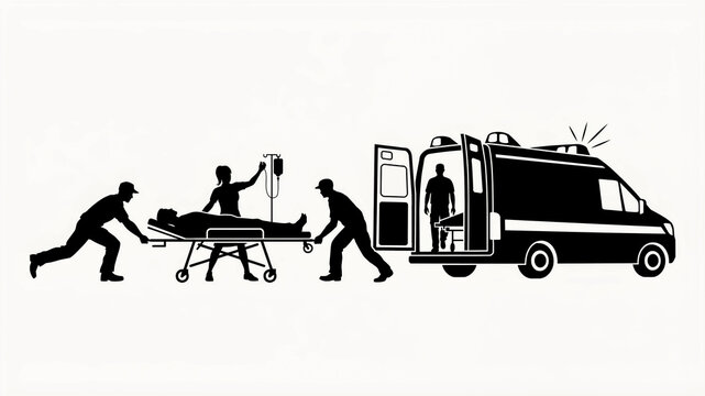 Black and white silhouette of paramedics moving a patient on a stretcher toward an ambulance.