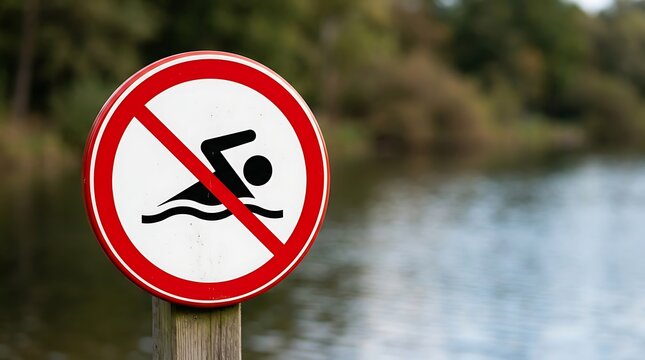 Close up of a red and white no swimming warning sign on a wooden post with a blurred lake and forest background, during a bright, summer day