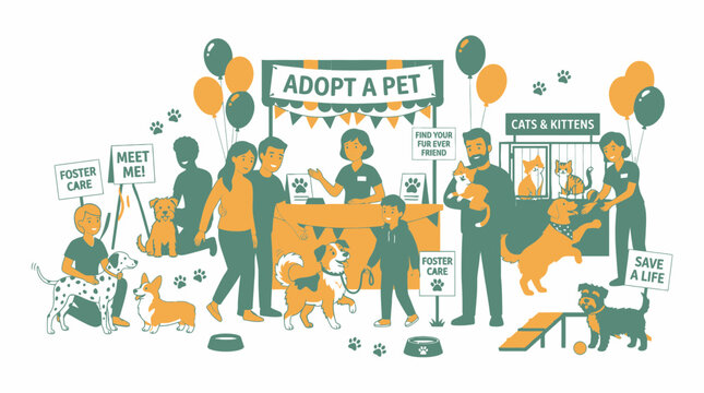 Adopt a Pet Event: People and Animals at Adoption Fair, Cute Dogs and Cats