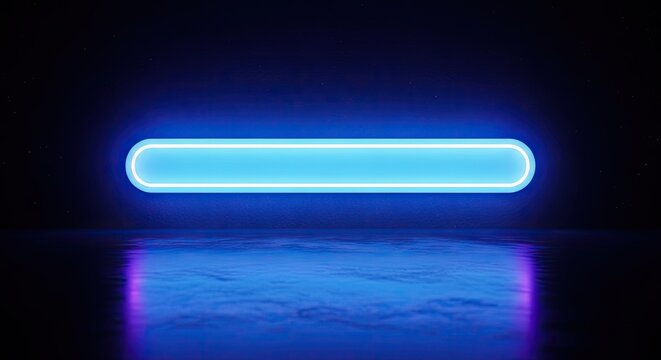 Blue neon capsule light reflecting on dark polished floor.