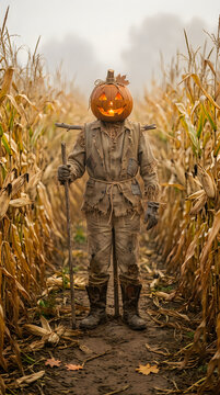 Spooky halloween scarecrow in cornfield autumn harvest and festive fall decoration concept