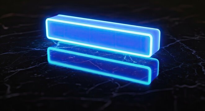 Blue neon glowing frame on dark marble surface