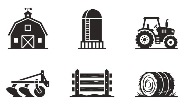 Farming agriculture vector icons featuring barn silo tractor plow wooden fence and hay bale set.