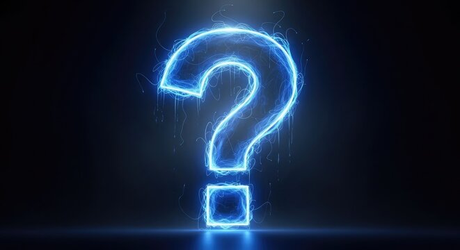 Blue neon question mark glowing in dark digital space.