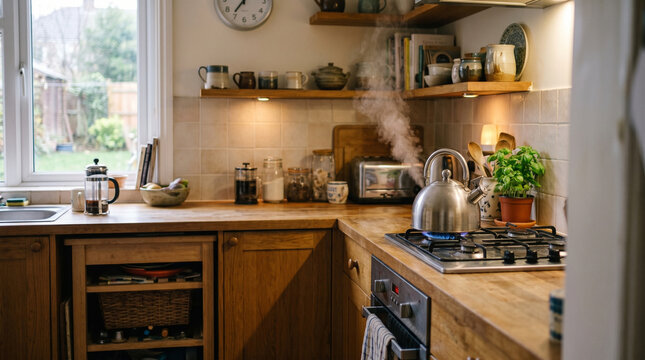 Steam rises from a boiling kettle on a gas hob in a rustic, inviting kitchen, filled with natural light and everyday essentials, creating a cozy and homely morning atmosphere in a modern dwelling
