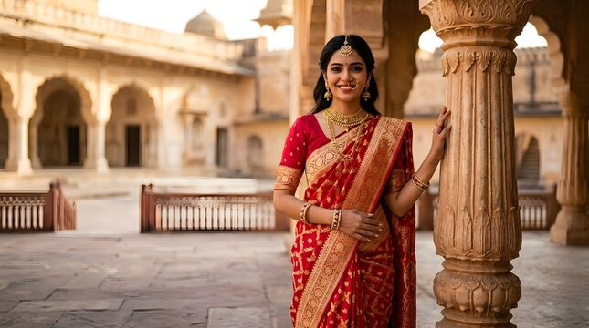 A beautiful Indian woman wears a traditional red silk saree with intricate gold embroidery and elegant jewelry while posing gracefully during a bright sunny day.