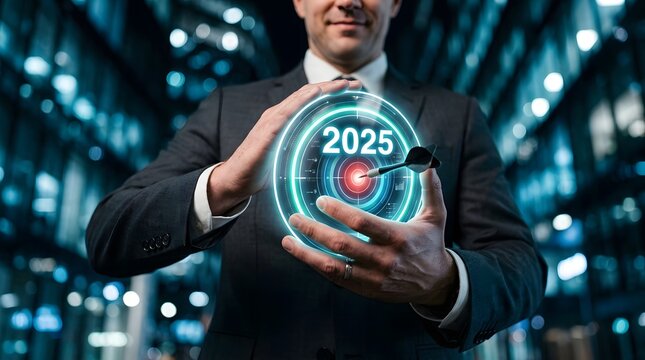 Business vision 2025 man holding holographic target with dart in cityscape background