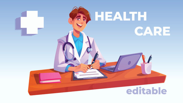 Doctor Writing Medical Report at Desk, Digital Illustration