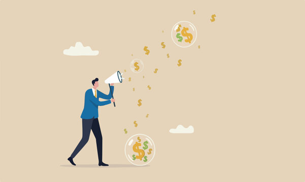 Stock marke speculation investor or overvalued company concept, greedy businessman investor blowing bubbles with dollar sign money into the air