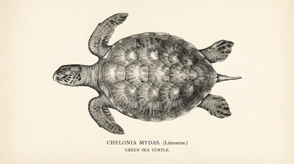 Fototapeta premium An illustration shows a green sea turtle swimming in the ocean water.