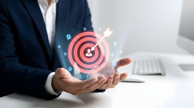 Targeted marketing concept hands holding digital bullseye with person icon and arrow