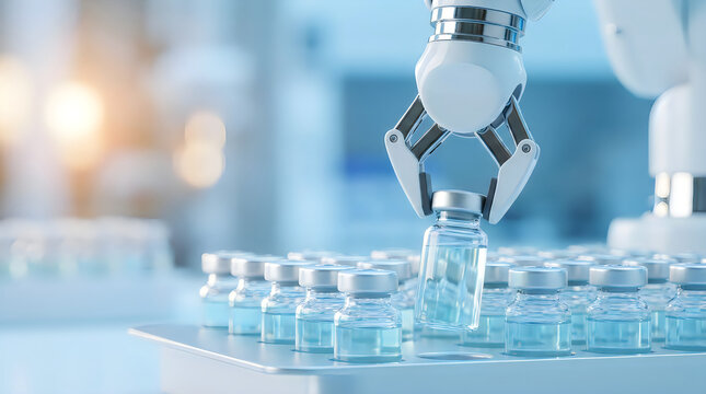 Automated robot arm operating inside high tech research laboratory picking up glass medical vial from tray during clinical manufacturing process for pharmaceutical industry development.