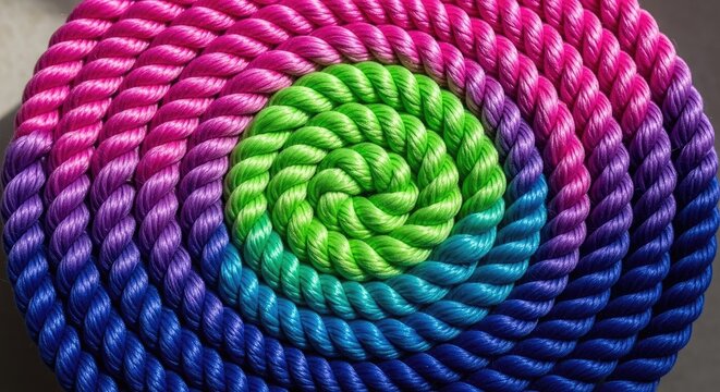 Coiled rainbow colored rope in a tight horizontal spiral.