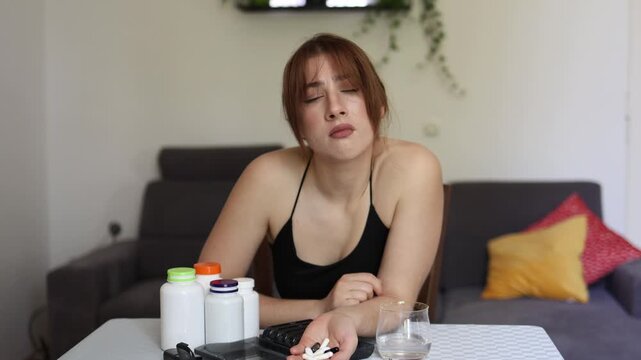 A young woman looks exhausted by the daily routine of swallowing handfuls of vitamins and supplements questioning whether so many pills are really necessary