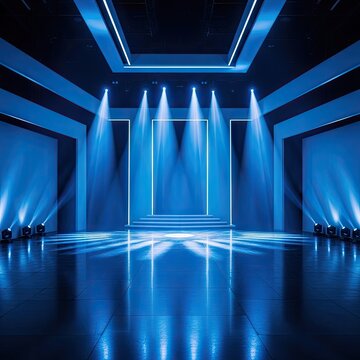 Blue spotlights on empty futuristic stage with floor.