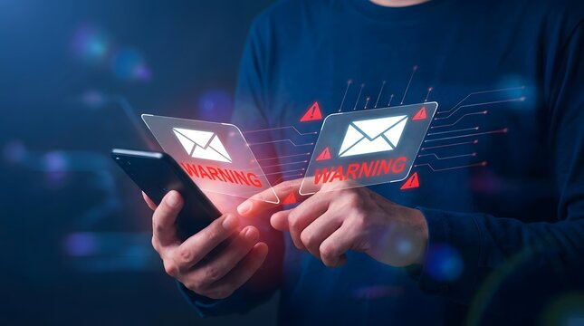 Cybersecurity alert hands holding devices displaying email warning and threat detection