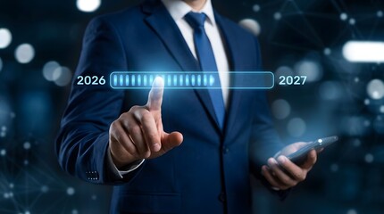 Fototapeta premium Business professional interacting with a futuristic progress bar displaying 2026 to 2027