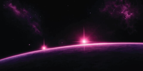 Cosmic space scene featuring a glowing purple planet surface against a dark nebula galaxy background universe astronomy astrophysics exploration astronautical celestial background © jr graphics