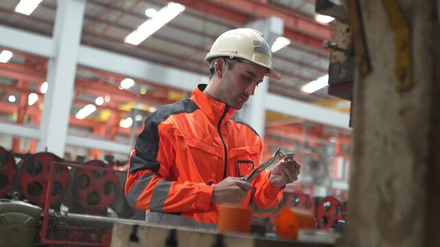 Worker organizes tools in factory during afternoon shift in modern manufacturing plant