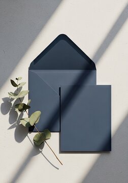 Blue stationery mockup with eucalyptus branch and shadows.